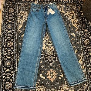 Wide legged trendy blue jeans